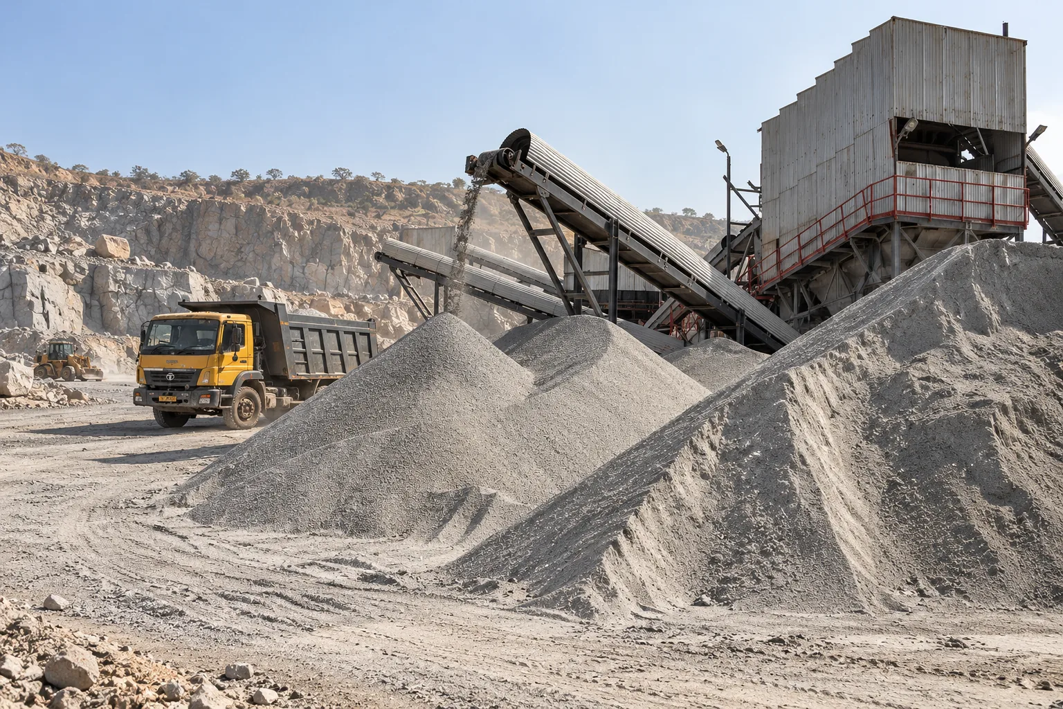 Crusher plant with conveyors, stockpiles of crushed stone and a dump truck