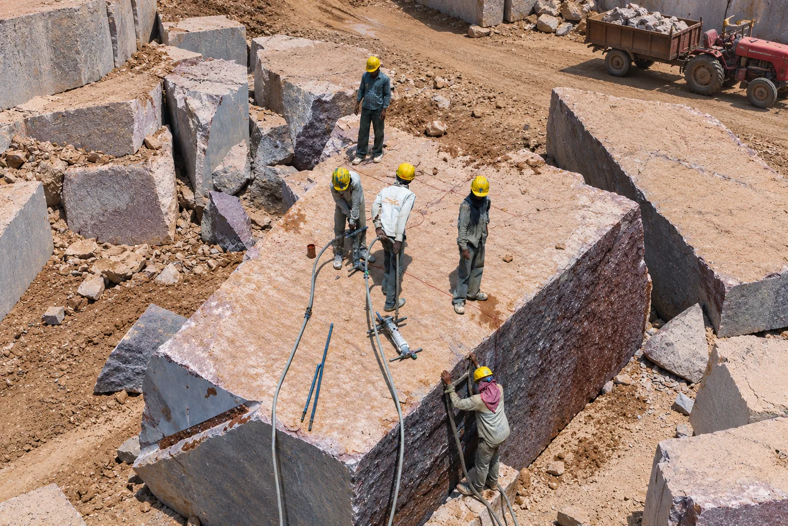 Workers in hard hats drilling a large granite block on a quarry floor, with a tractor behind