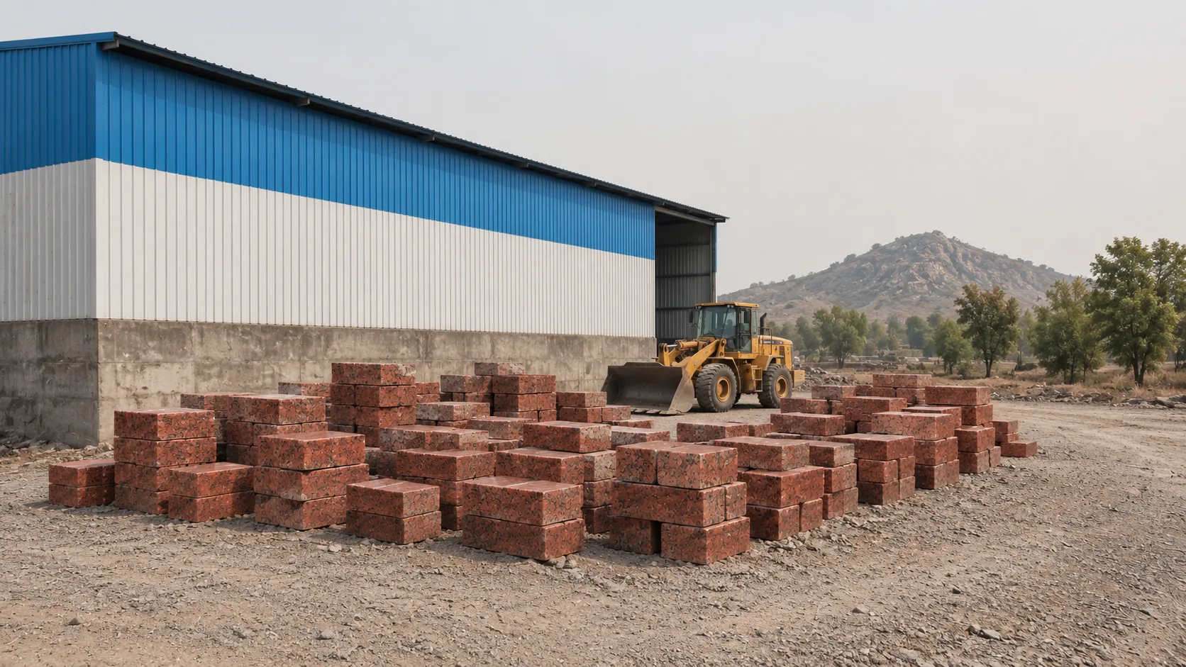 Red granite blocks stacked in the yard outside the factory shed, with a wheel loader