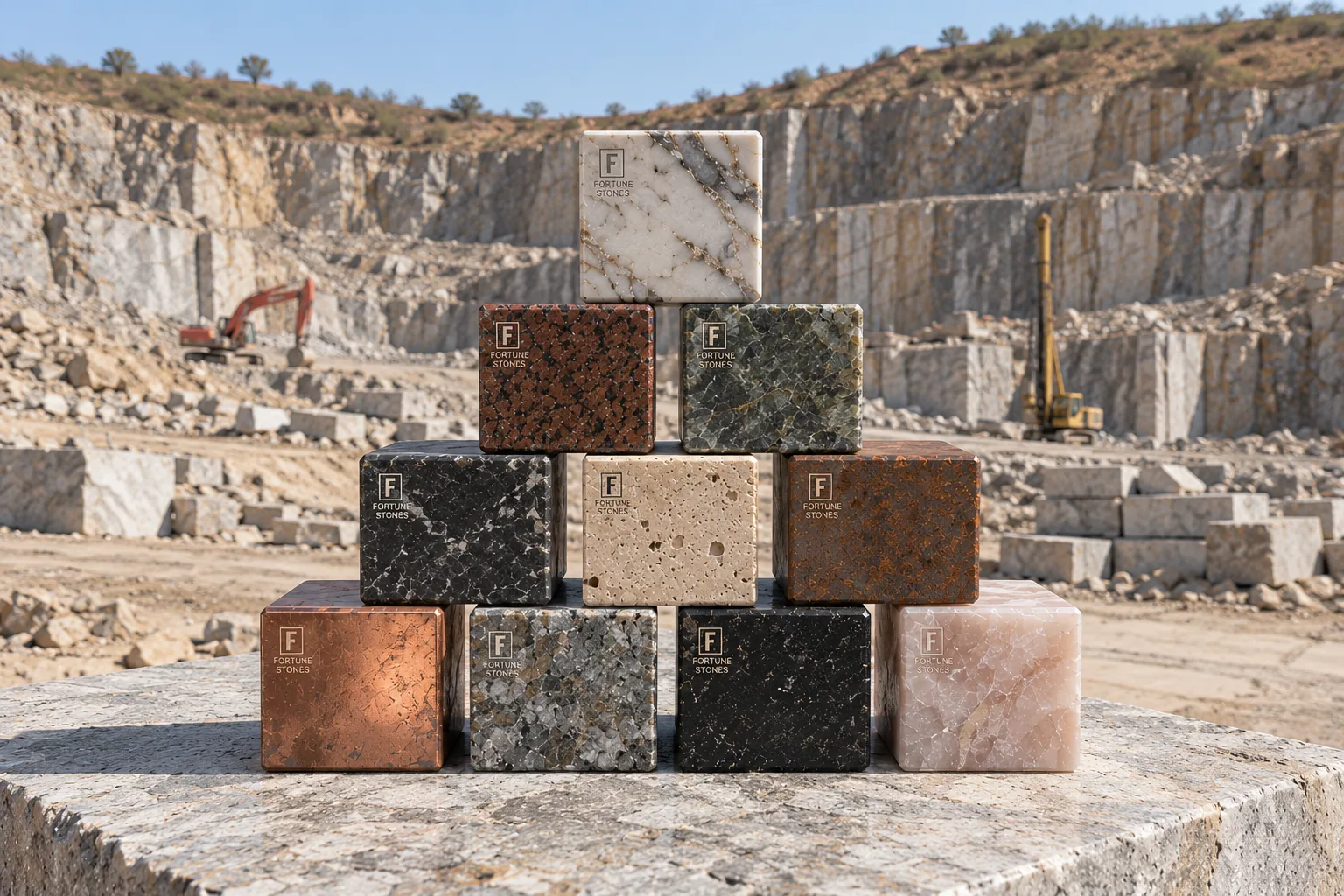 Polished stone sample cubes in different colours stacked at a quarry