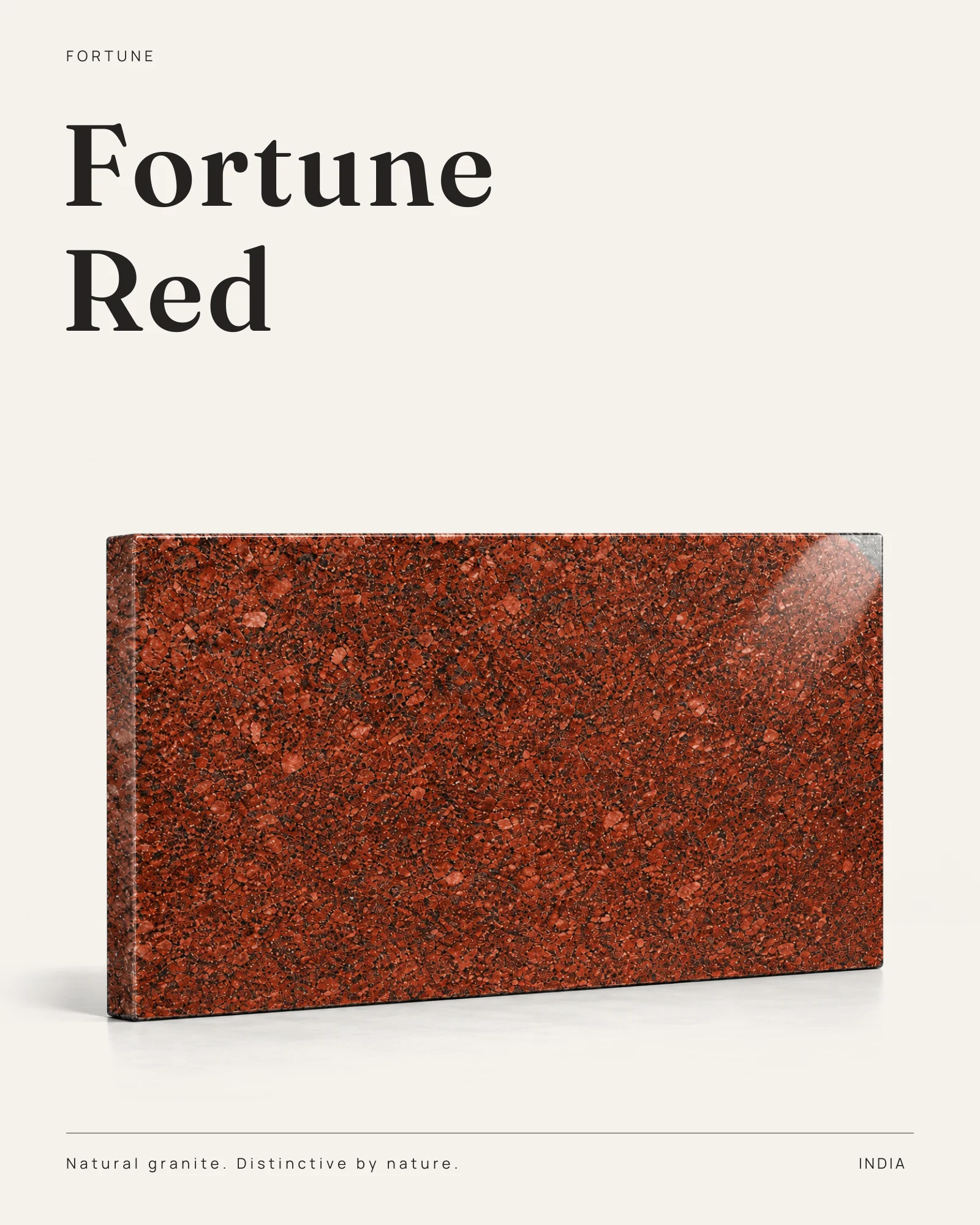 Fortune Red poster: a polished Fortune Red granite slab with its red and black speckled grain