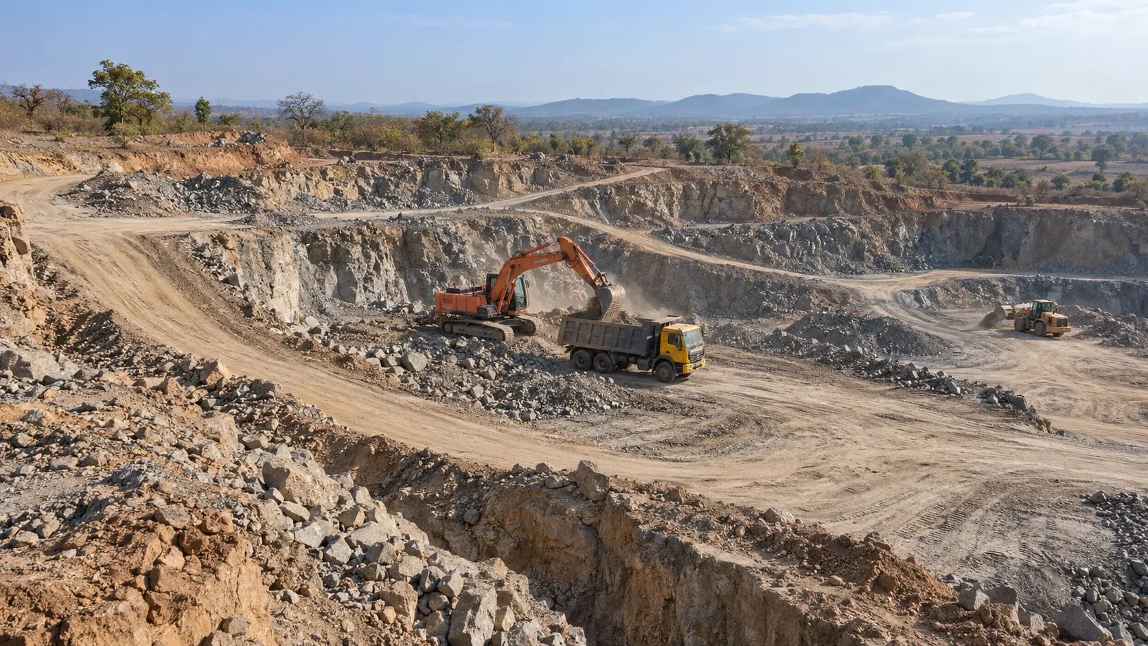 Open-pit mine with haul roads, an excavator loading a dump truck on the upper bench