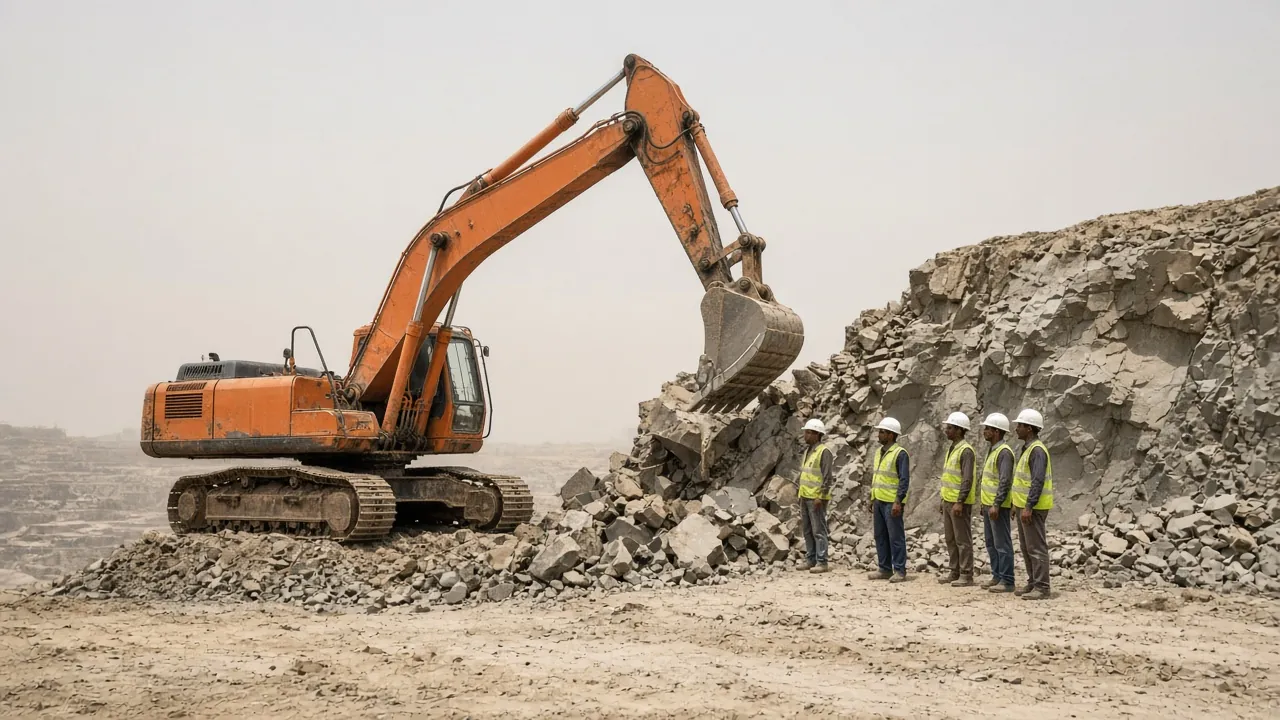 Site team in hard hats and high-visibility vests standing beside an excavator at the rock face